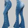 High Waist Multi Pockets Button Fly Hip Lifting Flare Jeans Washed Rivet Decor