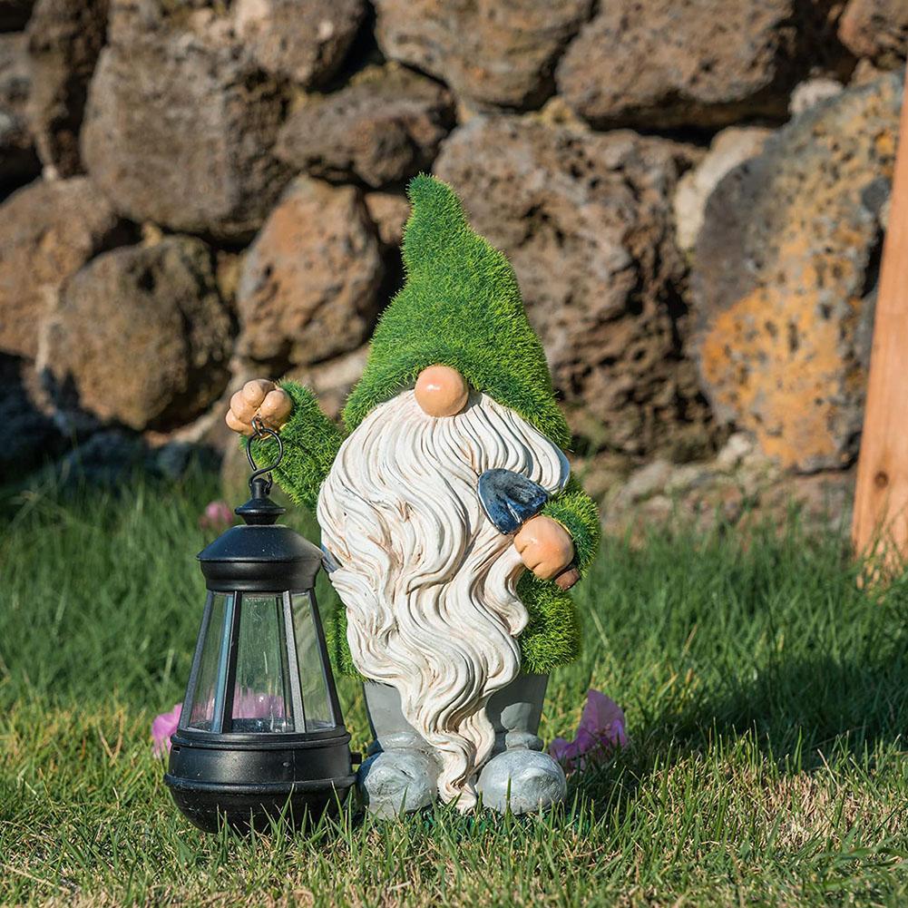 Garden Gnome with Solar Light Decorative Moss Gnome Figurine Waterproof Funny Garden Sculpture for Patio Lawn Yard Balcony