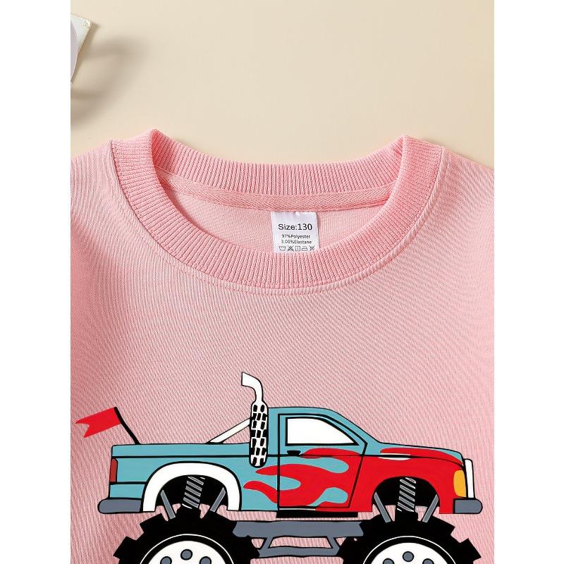 Monster Truck Flame Design Unisex Crew Neck Fashion Sweatshirt, Autumn and Winter Western Style Top, Children's Long Sleeved T-shirt