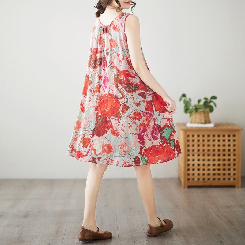 Real Shot Summer New Large Size Loose Suspender A-word Skirt Sleeveless Round Neck Cotton and Linen Printed Dress Women's Clothing