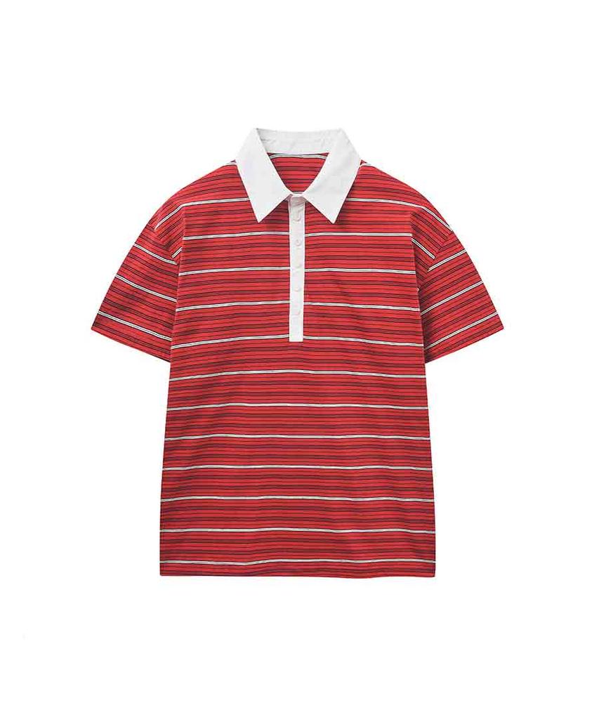 Lense Multi Stripe Rugby Collar T-Shirt Red