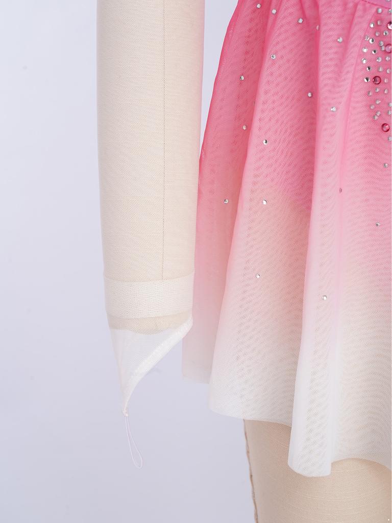 Professionell Konståkningsklänning för Flickor: Hög hals med 3D-blommor, genomskinligt nät & gradient strass
