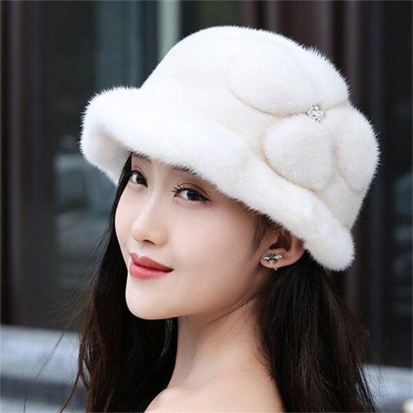 100% Mink Fur Bucket Hat Beanie For Girls Soft Thickened Furry Beret Ladies Hat Elegant Winter Outdoor Windproof Warm Hat