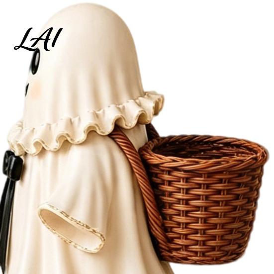 Halloween Tabletop Ornaments Resin Ghost Figurine with Wicker Basket Cute Healing Decorations Decor Holiday Ornament Organizer for Entryway