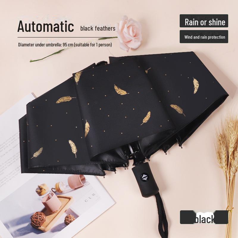 Gold Stamped Feather Black Dual-Purpose Sun & Rain Umbrella for Women with Printed Logo.