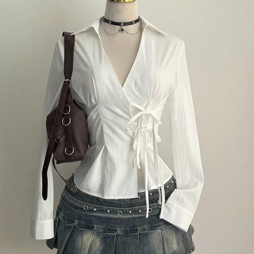 

Long-sleeved Slim Fit Shirt Harajuku Waist Up Cardigan Top Chic Women Tie-Waist Shirt Women M белый