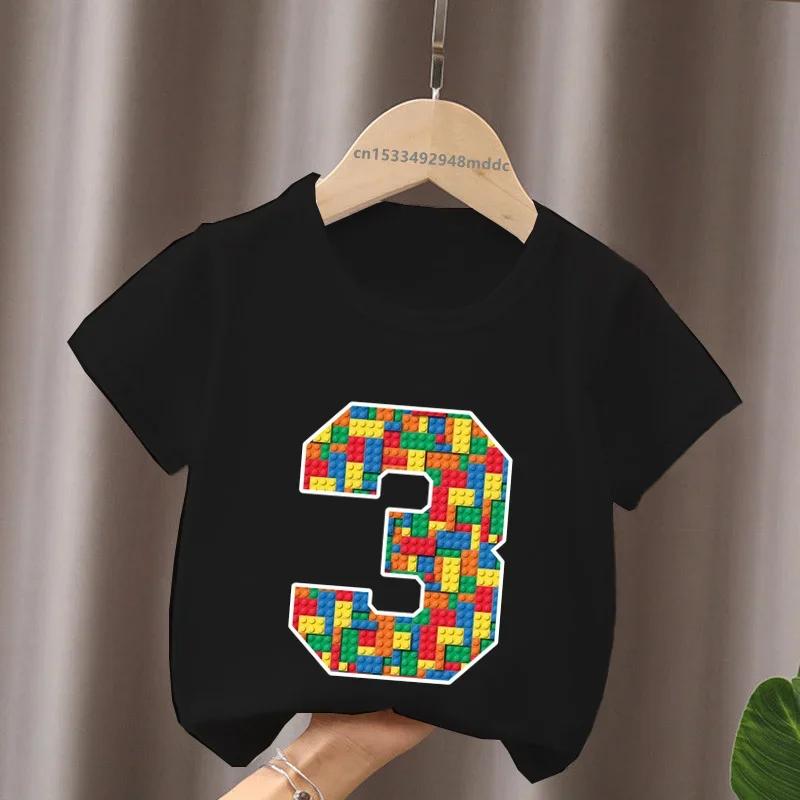 Cartoon Building Blocks Bricks Print Kids TShirt Number Tees for Boys And Girls Funny Birthday Baby Top 29 Years