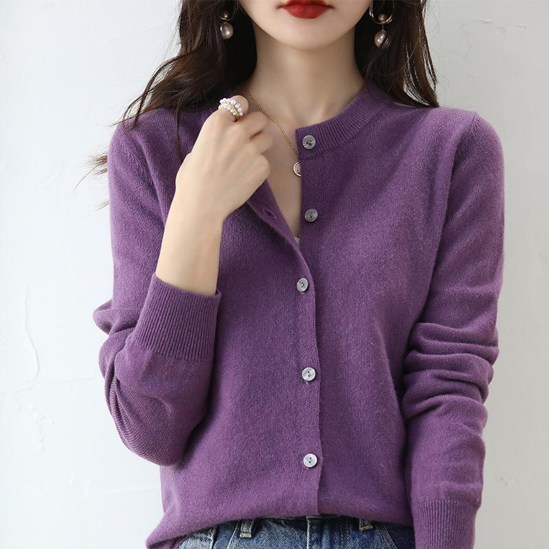Round Neck Solid Color Knitted Cardigan for Women In Autumn and Winter New Loose Versatile Sweater Jacket High Quality Yarn Long-sleeved Top
