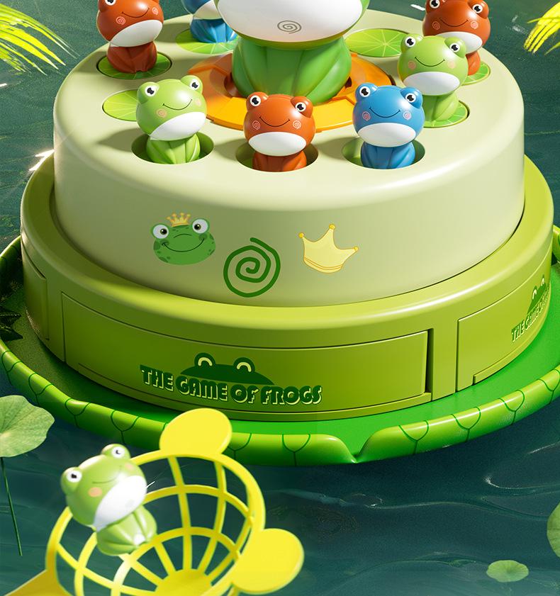 1SET Children's Ejection Frog Turntable Cartoon Net Fishing Bouncing Frog Concentration Training Sound and Light Electric Toy