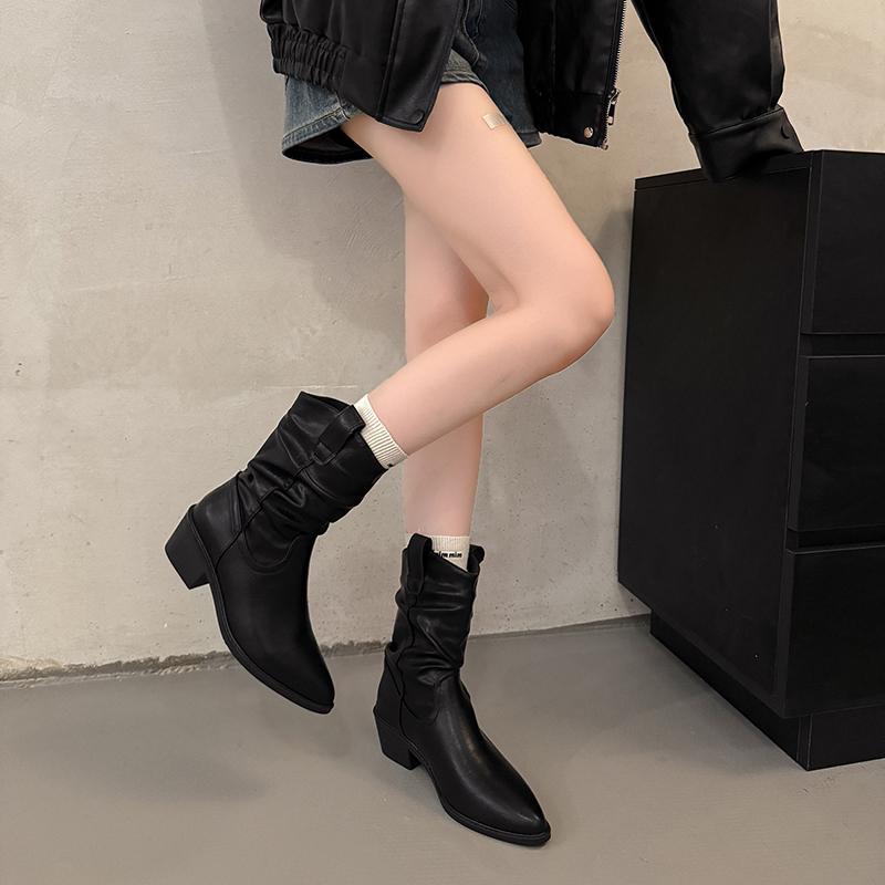 Fashion 2025 New Style High Heels Pleated Boots for Women Autumn Winter Leather Western Boots Woman Thick Heeled Boots