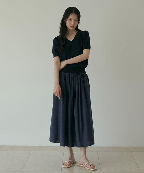 Lingseoul Rayon Blended Shirring Skirt-Navy