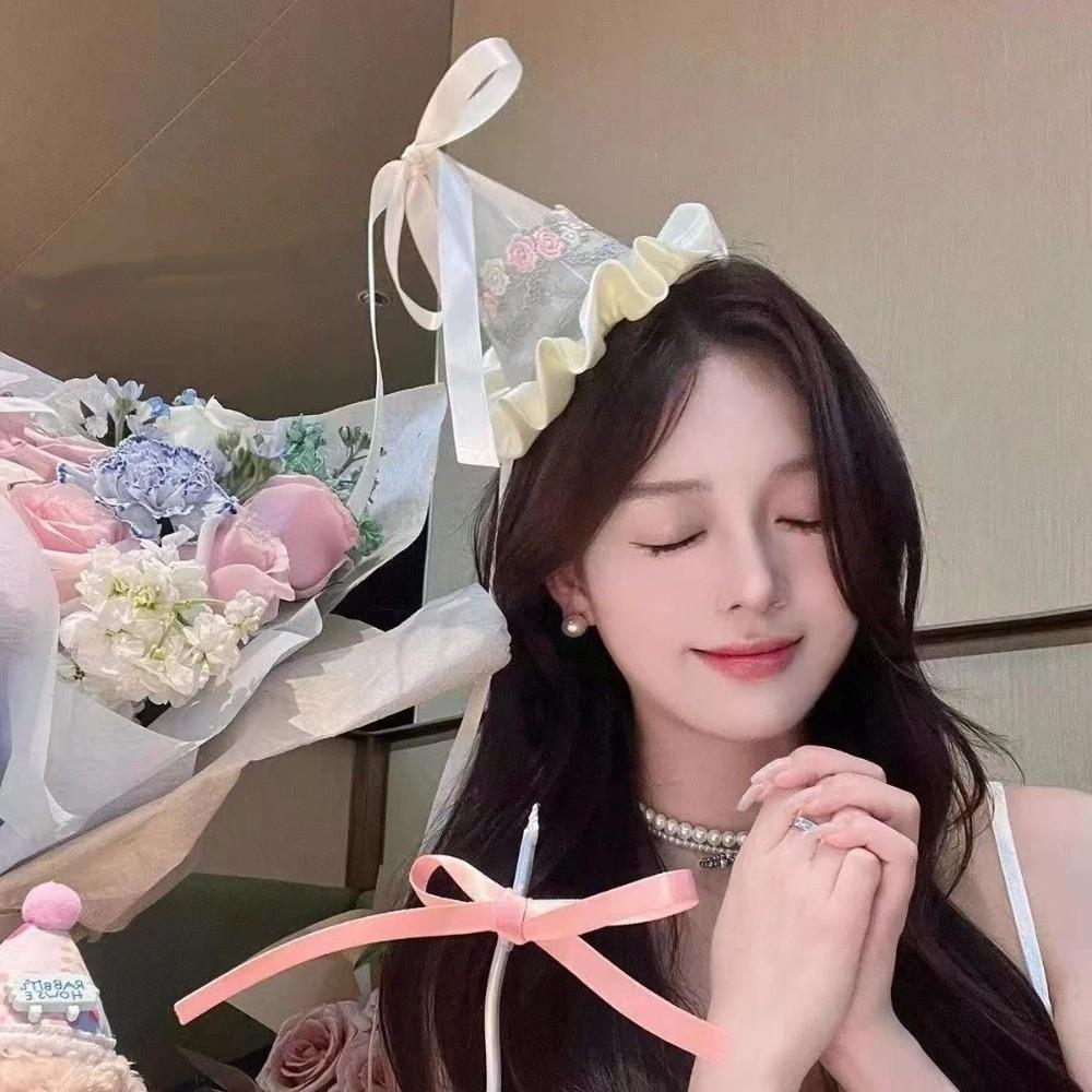 Cone Hats Mesh Birthday Hat Embroidery Birthday Crown Flower Knot Headband  Birthday Party