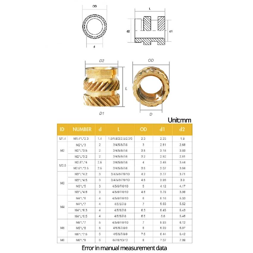 M2 M2.5 M3 M4 M5 Metric Threaded Insert Brass Nuts Bolts Set Countersunk Head Screw Hot Melt Heating Knurled Injection Nut Kits