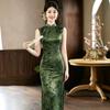 Dark green women's summer new Chinese 1011 particularly beautiful waist cheongsam new high-end atmospheric grade flocking