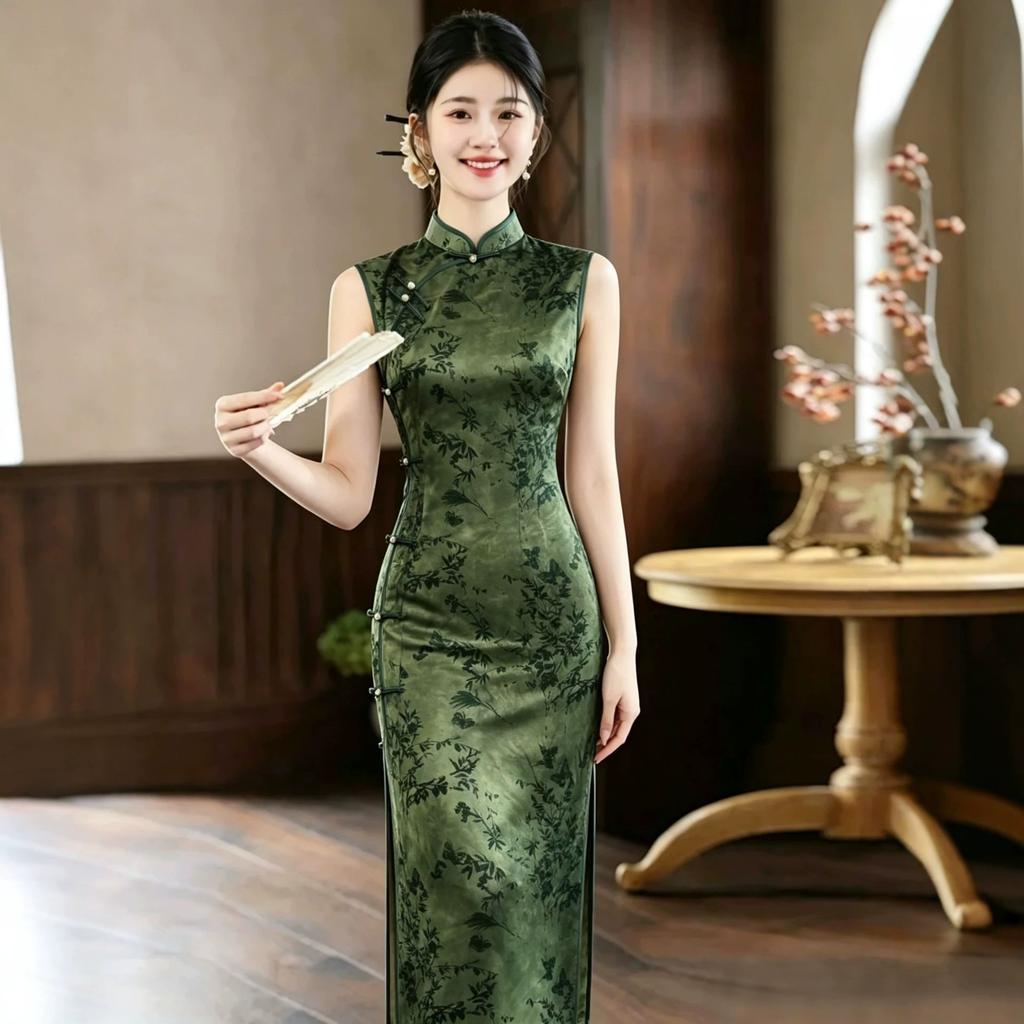 Dark green women's summer new Chinese 1011 particularly beautiful waist cheongsam new high-end atmospheric grade flocking