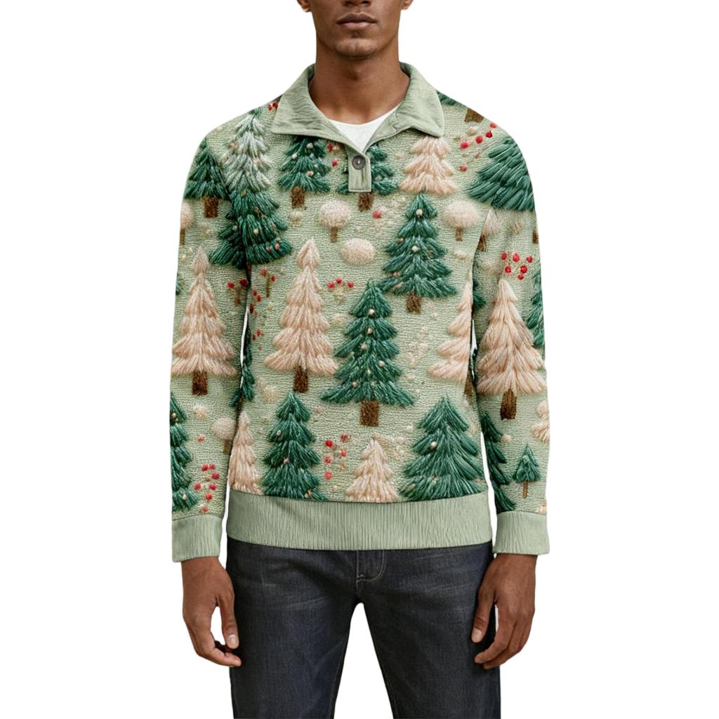 Erkek Noel Pamuklu Kazak Uzun Kollu Dış Giyim Gömleği Vintage Kadife Düğmeli Dik Yaka Gömlek Günlük Sweatshirt Noel Baskılı Üst