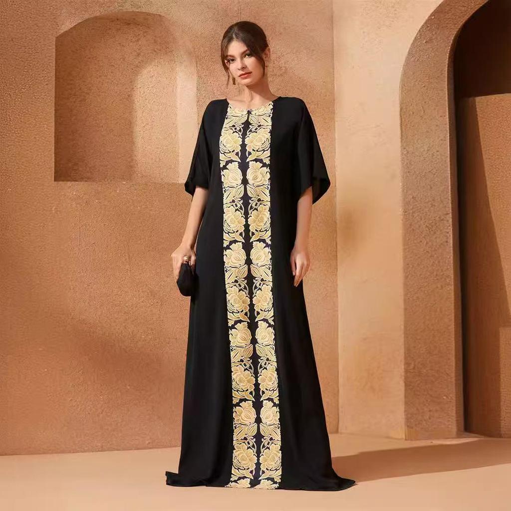 Schwarz-Gold Östlich-Ethnisch Bedrucktes Langes Robenkleid