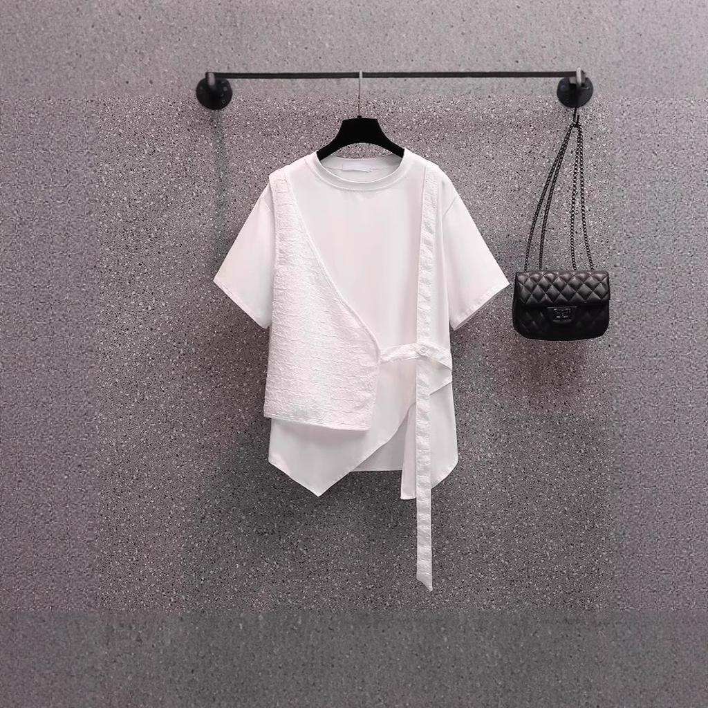 2025 Summer New Large Size Women's Short-sleeved T-shirt Women Cover Meat, Look Thin, Loose and Fat MM Irregular Fake Two-piece Top