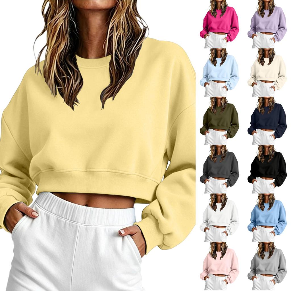 Women's Cropped Pullover Sweatshirt with Oversized Round Neck and Long Sleeves for Casual Wear