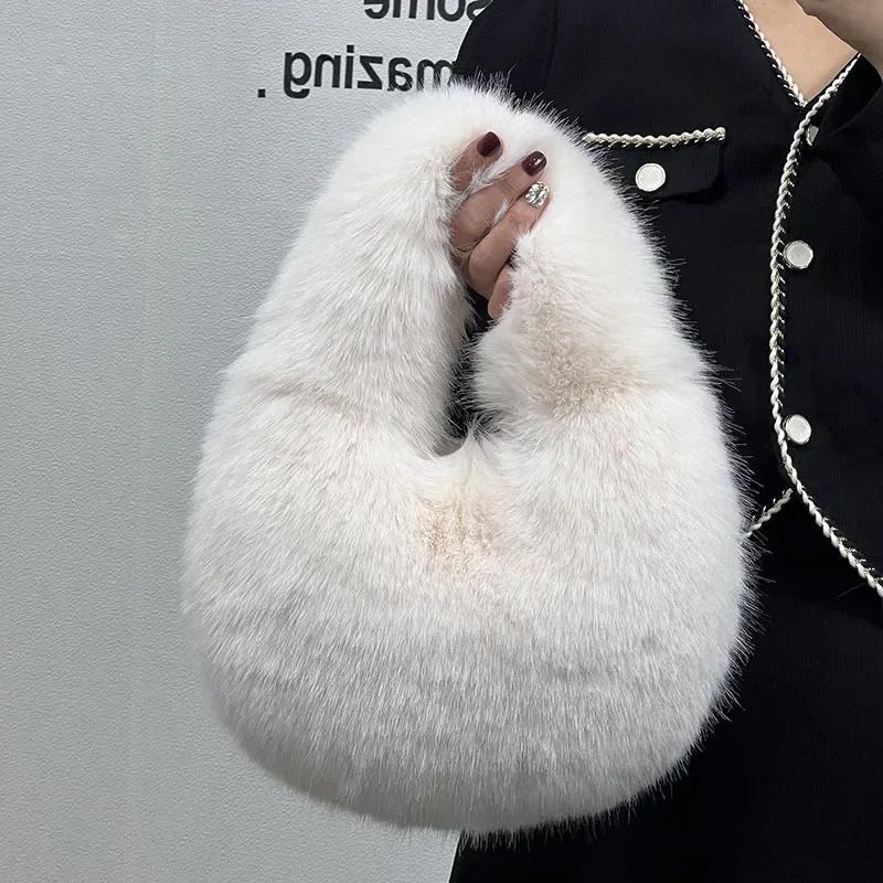 Winter Casual Flauschige Umhängetaschen für Damen Unifarbene Weiche Plüsch Damen Clutch Handtaschen Leichte Damen Hobo-Tasche sac
