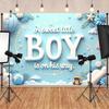 Cute Baby Boy Shower Tapestry, Soft Blue Background with "BOY" Text, Hot Air Balloon and Whimsical Decor, Sweet Nursery Wall Art
