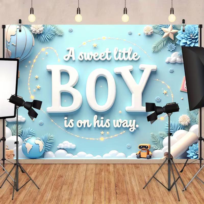 Cute Baby Boy Shower Tapestry, Soft Blue Background with "BOY" Text, Hot Air Balloon and Whimsical Decor, Sweet Nursery Wall Art