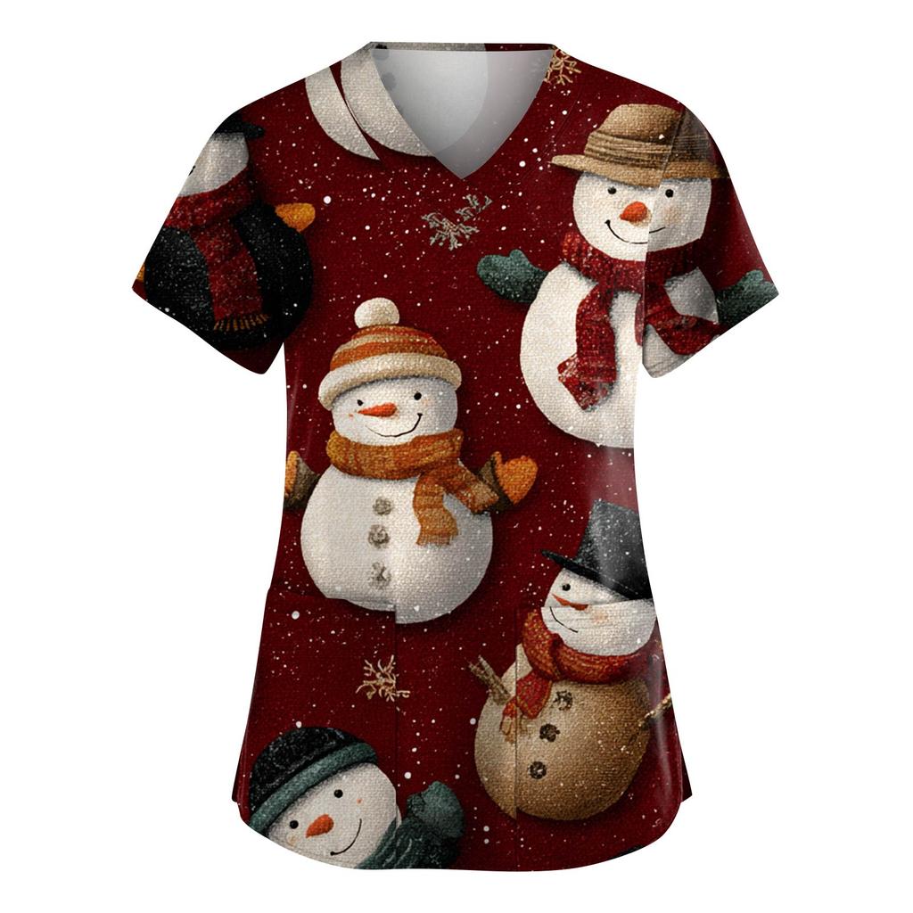 Women's Fashion V-Neck Short-Sleeved Workwear With Pockets Christmas Print Top Caregiver Uniform