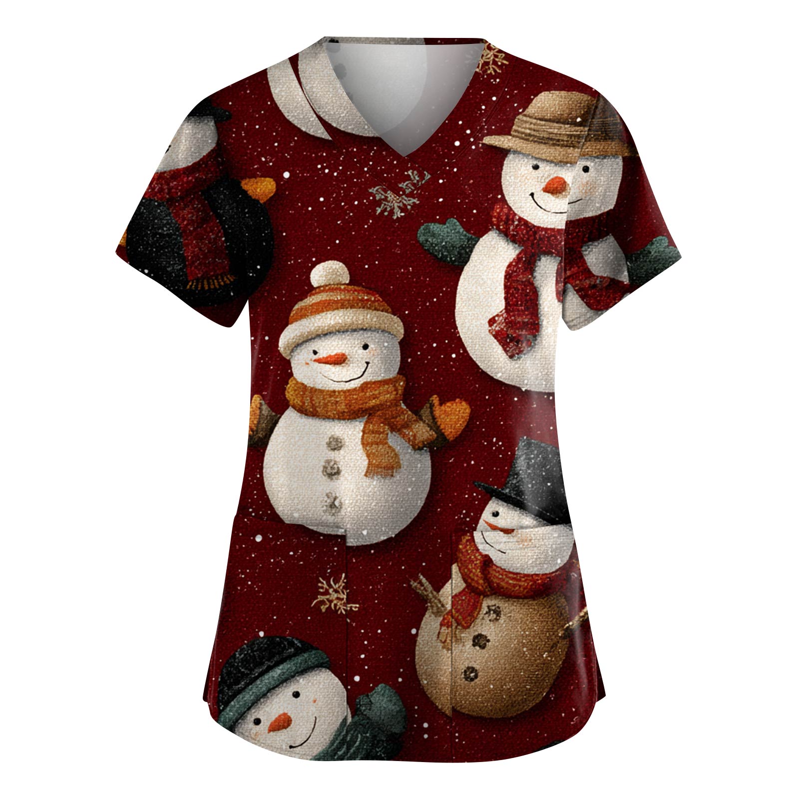 

Женская модная рабочая одежда с V-образным вырезом и короткими рукавами, с карманами, топ с рождественским принтом, униформа для сиделки XL винный