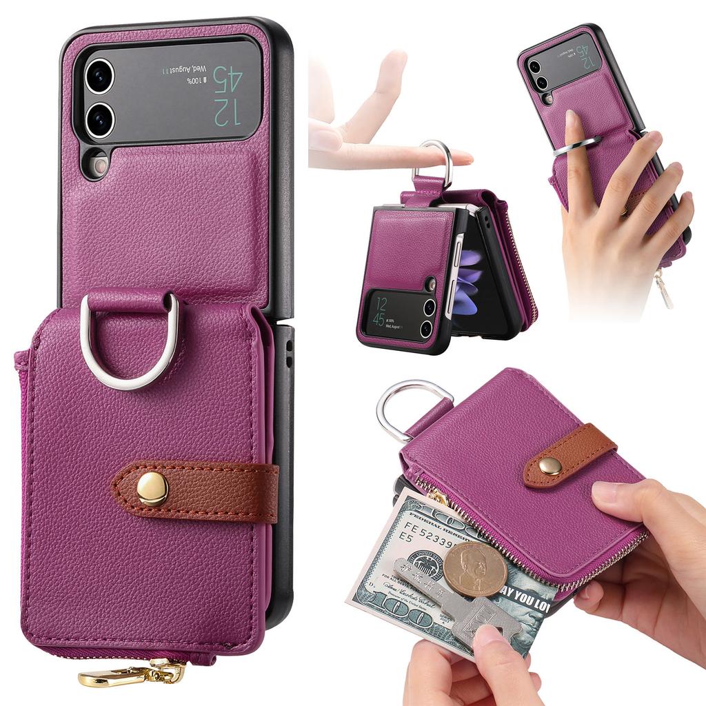 Vertical Zipper Cards Solt Wallet Leather Case for Samsung Z Flip 5 4 3 5G Stand Shockproof Flip5 Purse Ring Holder Pocket Cover