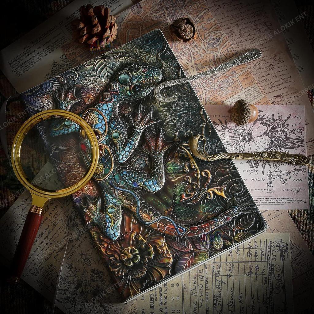 Superaura 3D Lizard DND Vintage Leather Journal Writing Notebook with 200 Pages A5 Journal Diary,Antique Handmade Leather Diary