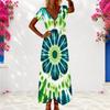 Women Plus Size V Neck Short Sleeve Dark Green Clover Printed Long Dress