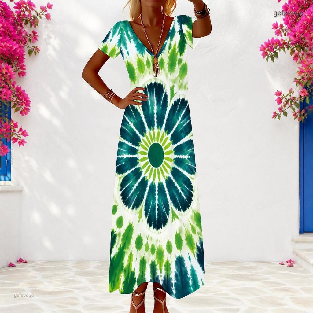 Women Plus Size V Neck Short Sleeve Dark Green Clover Printed Long Dress