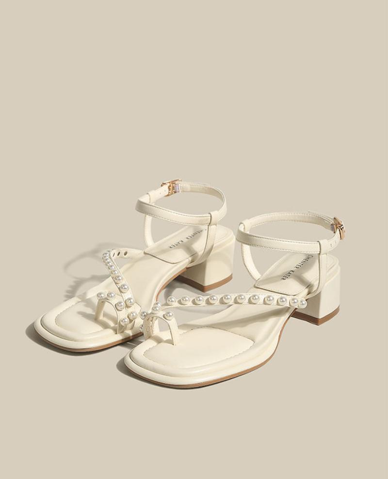 Sandals for Woman Flip-flops Women's Shoes Chunky Summer 2024 Block Heel Footwear with Medium Heels Rhinestones Thick Beige Sale