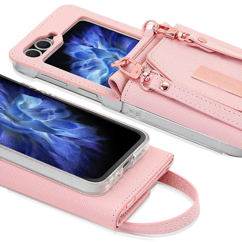 Vietao-Z Flip 7 Wallet Phone Case With Wristband Strap, Fashion Girls Leather Purse Phone Cover For Samsung Z Flip 6 5 4 3, Pink