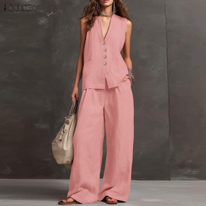 ZANZEA Women Sleeveless Vest Tops and Long Pants Casual Two Piece Suit Sets