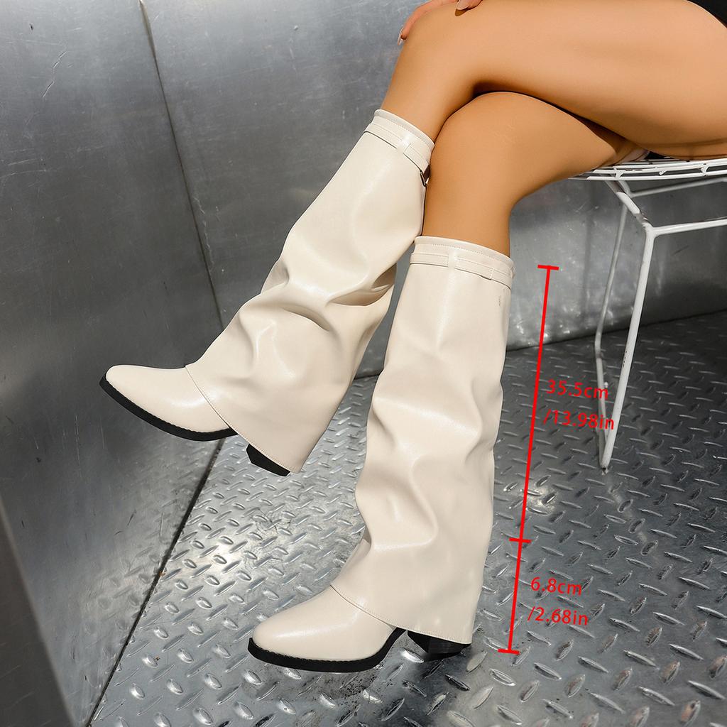 Herbst und Winter neue spitze große Schaft Metall Schnalle mittellanger Schaft Übergröße dicker Absatz Mode Stiefel Damen