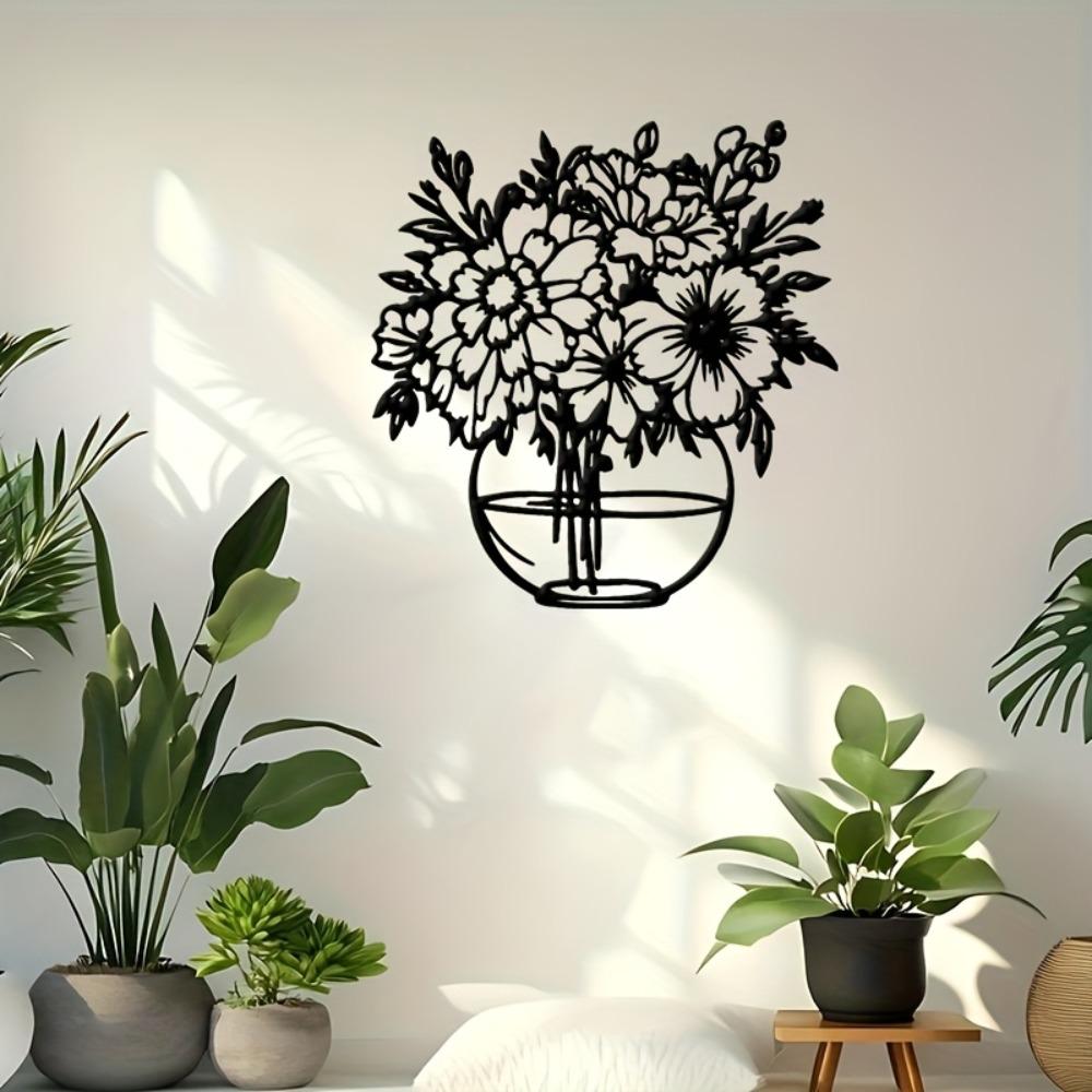 Metal Wall Art Vase with Flowers, Minimalist Floral Iron Sculpture, Modern Home Decor Outdoor Wall Mounted, Original Design for Wedding
