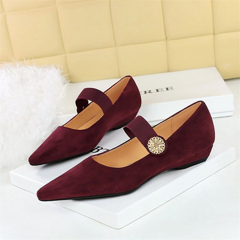 Korean Version Comfortable Low Heel Wedge Versatile Suede Shallow Mouth Metal Decorative Elastic Strap One Strap Single Shoes