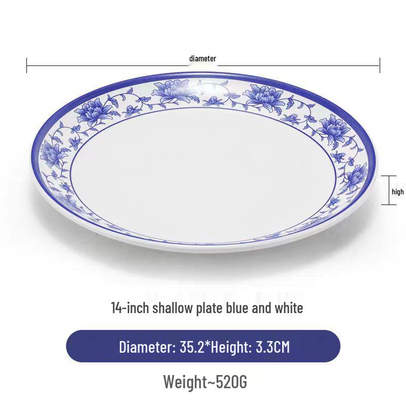 Plato redondo de melamina azul y blanca - Imitación de porcelana gruesa, ideal para salteados, arroz y uso en restaurantes.
