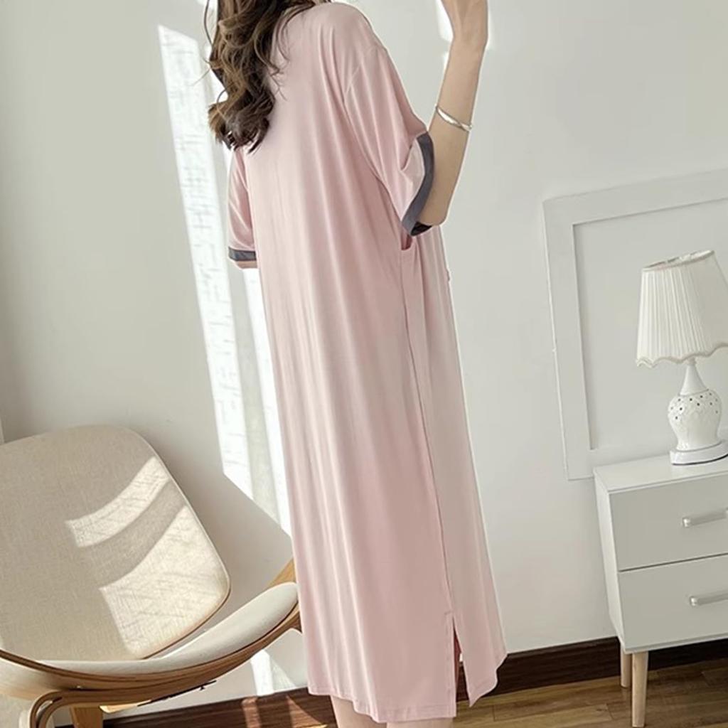 Long Loungewear Loose Solid Short Summer Long Ech.Apr Women's Pajamas, Fit, Color, Sleeves, Lightweight, Nightgown, Dress, Figure-Flattering (Pink,