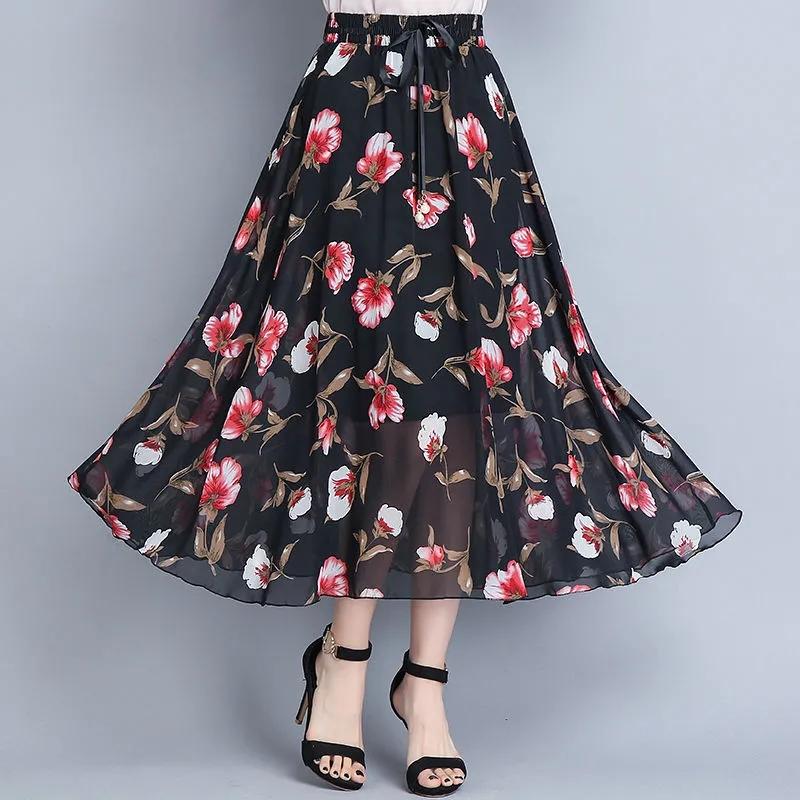 

Летняя шифоновая женская юбка с цветочным принтом и высокой талией, длинные юбки трапециевидной формы, женская повседневная женская юбка M