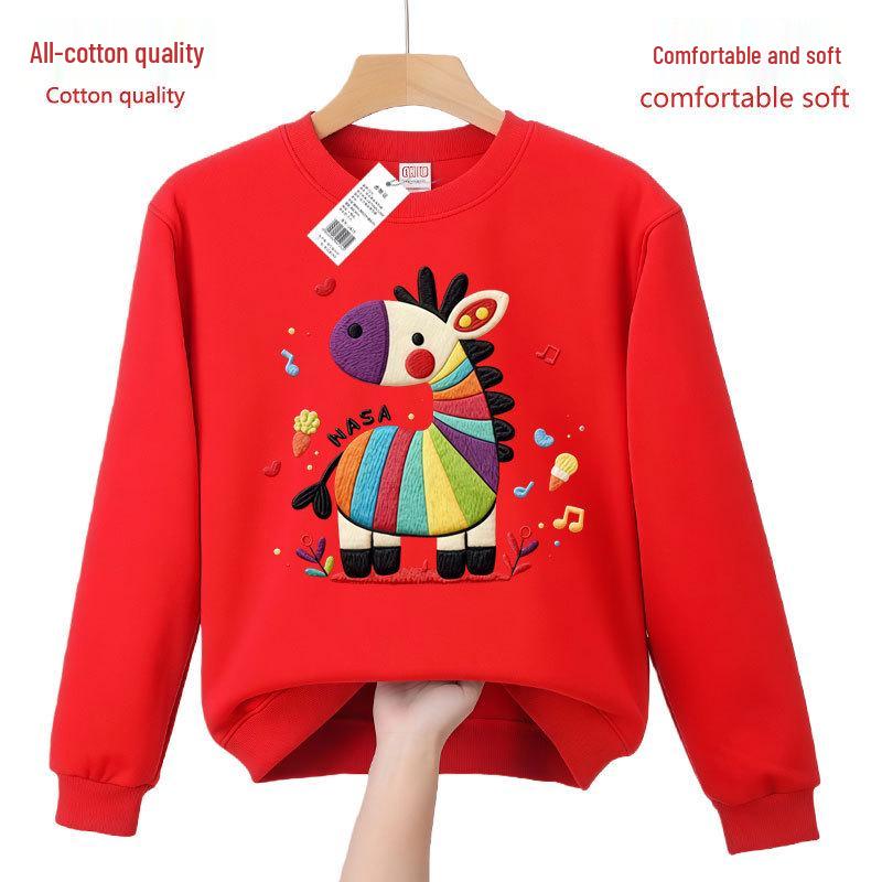 Red Zebra Print Crewneck Sweatshirt - Unisex, All Cotton, Festive New Year 2026 Horse Zodiac