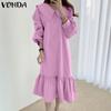 VONDA Women Casual Lapel Long Sleeve Solid Color Dresses