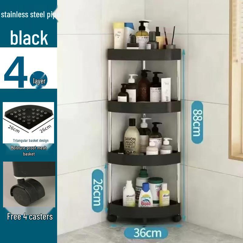 Compact Triangular Bathroom Storage Rack: Multi-Layer, Floor-Standing, Moveable Corner Organizer.