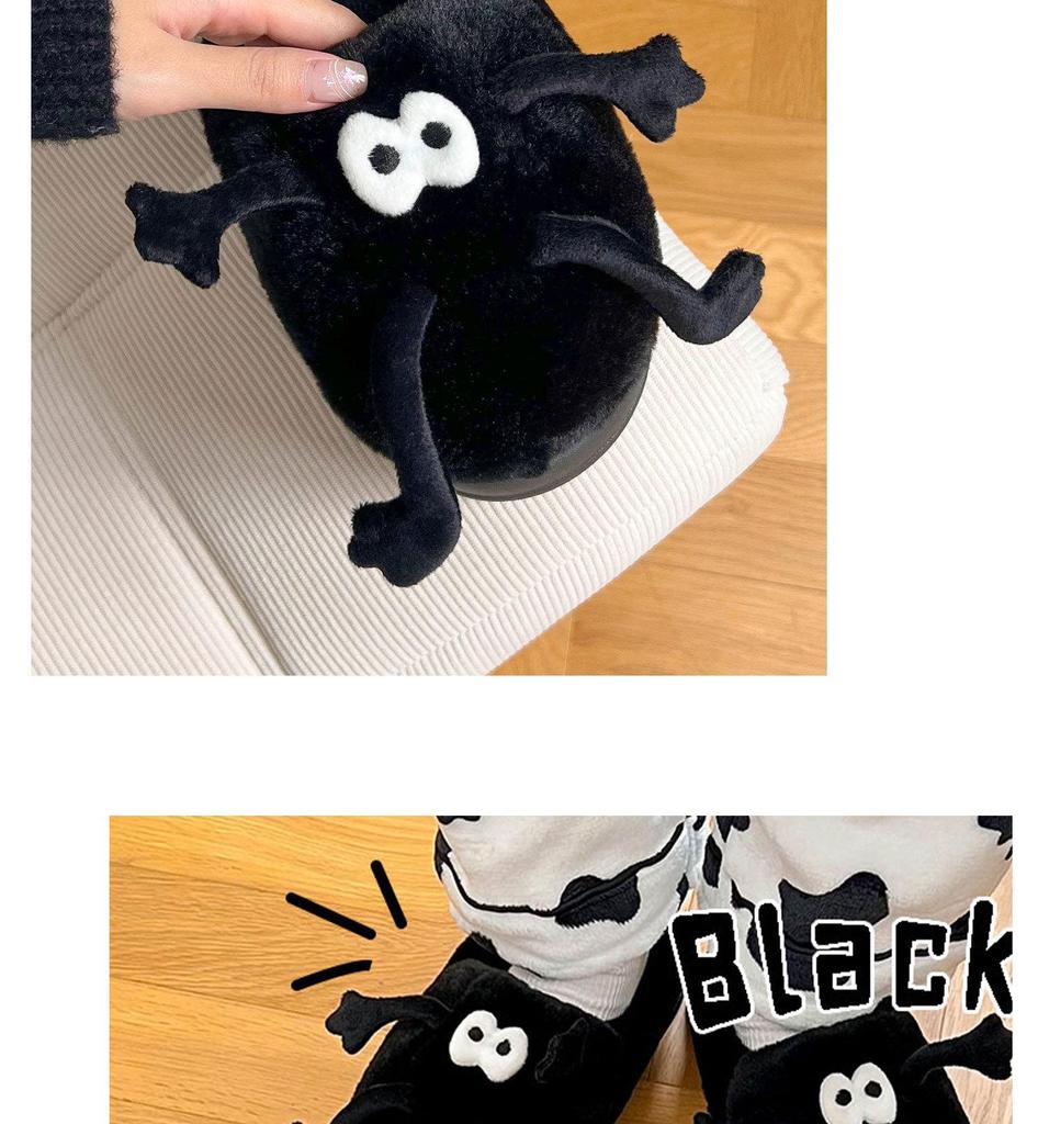 Pantoufles d'intérieur mignonnes en coton avec pompon en fourrure noire pour femmes - Hiver, antidérapantes, chaudes, bout fermé, semelle souple, chaussures de maison amusantes pour couples