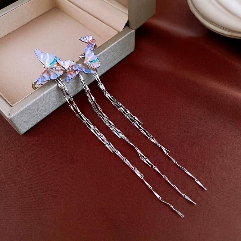 1Pc New Dreamy Purple Butterfly Clip Earrings for Women Luxury Elegent Long Tassel Chain Ear Hook Personalized Cool Jewelry