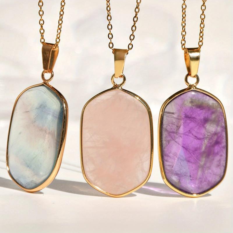 Natural Stone Geometric Pendant Necklace With Gold Plated Edges For Women And Men