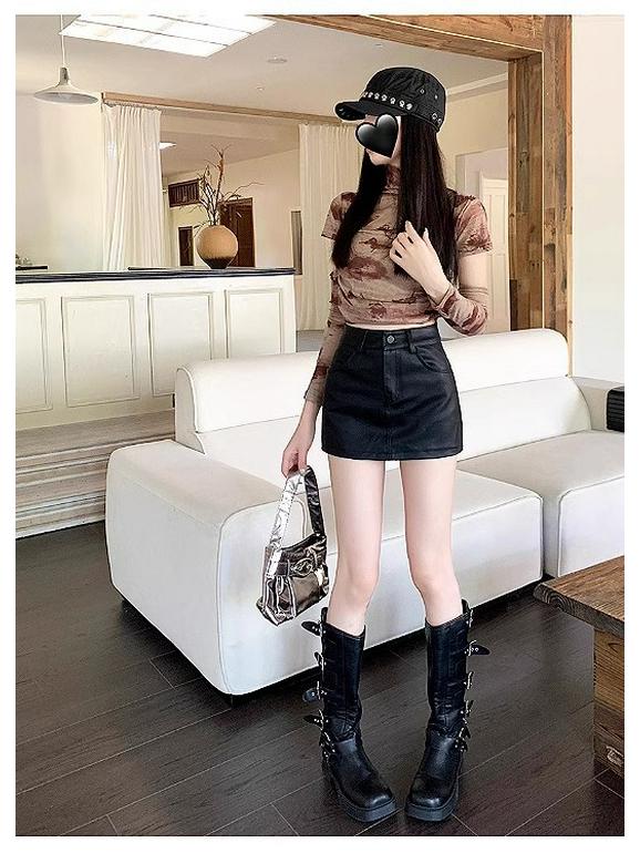 Women's Coffee-Colored PU Leather A-Line Mini Skirt, Petite, High-Waisted, Textured, Hip-Hugging, Autumn Style.