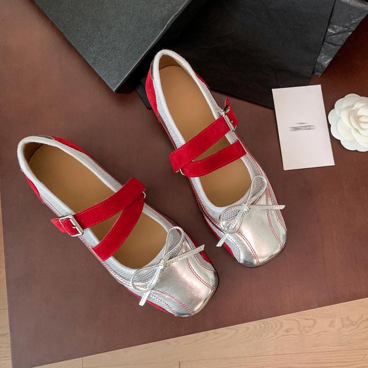

Leather version~ Silver bow single shoes women s shallow mouth new flat-bottomed leather soft-soled French retro Mary Jane shoes 39 серебряный
