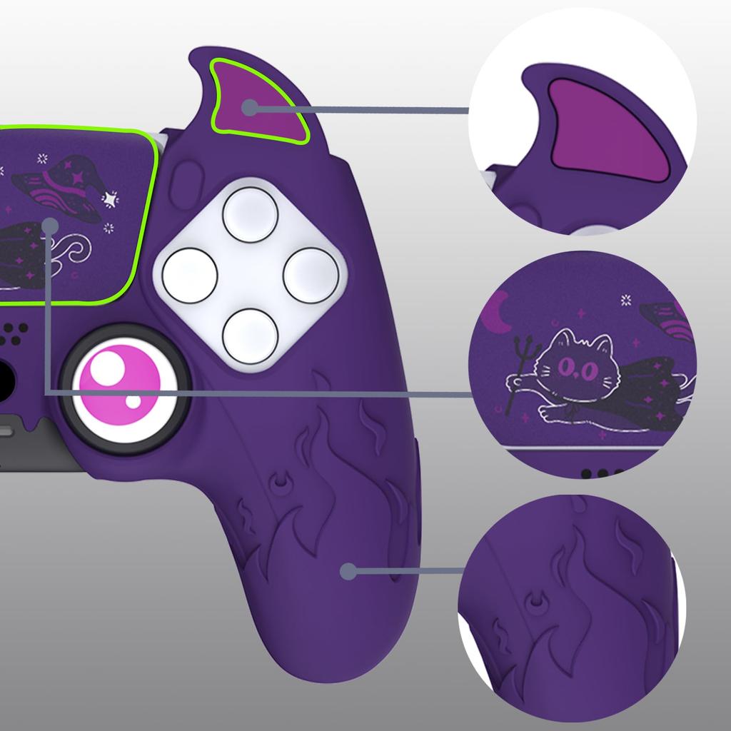 PlayVital PS5 Controller Silicone Cute Controller Cover Skin Protector with Thumb Grip Caps and Touchpad Stickers Cover, (Demon Style) (Purple)